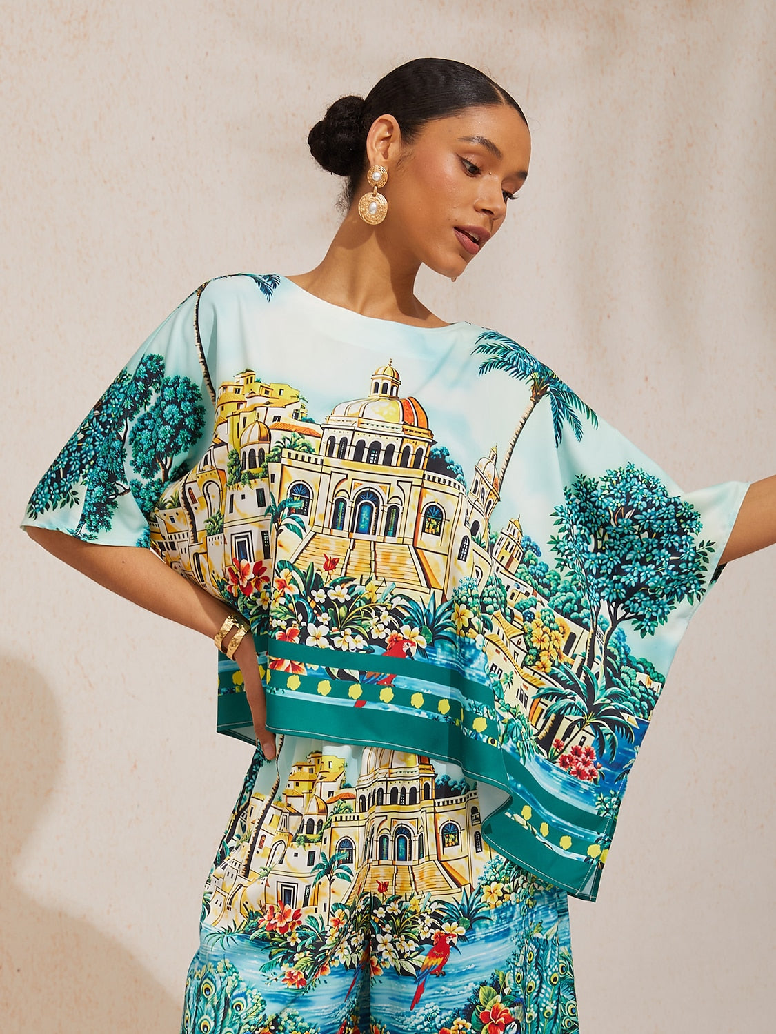 Summer Night Palm Silky Satin Dolman Sleeve Top