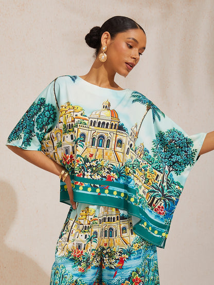 Summer Night Palm Silky Satin Dolman Sleeve Top