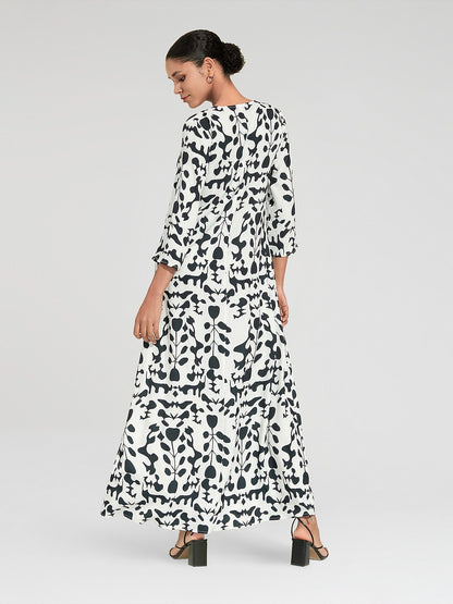 Satin Floral Geometric Pattern Vacation Maxi Dress