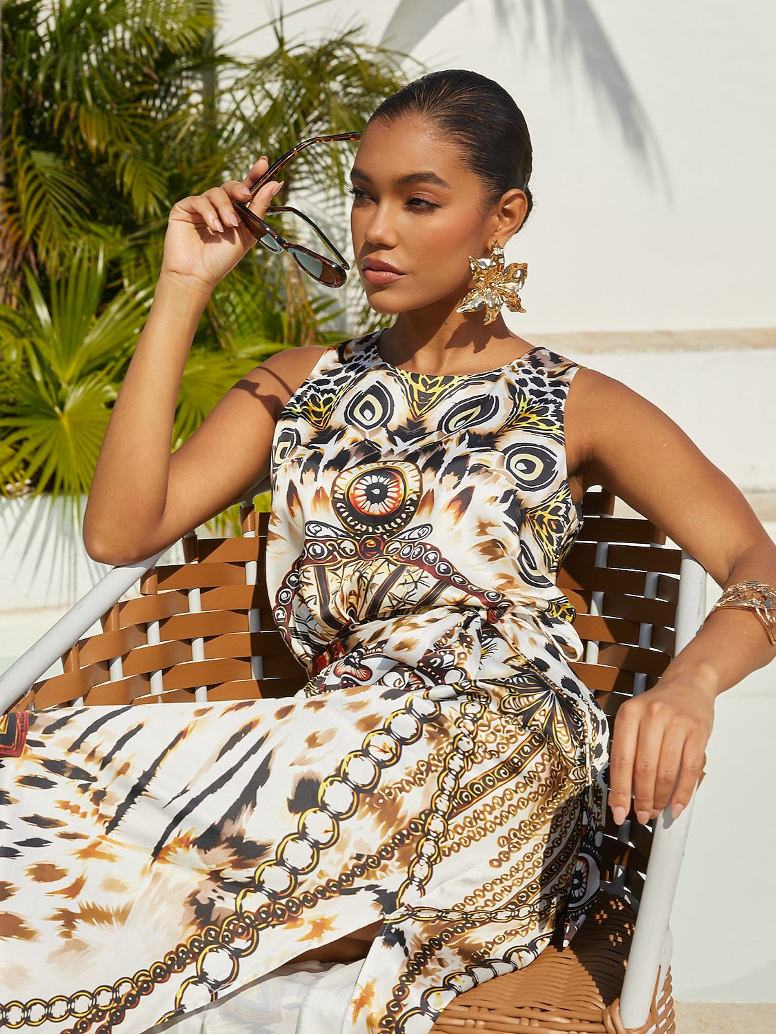 Vacation Leopard Motif Straight Fit Sleeveless Satin Maxi Dress