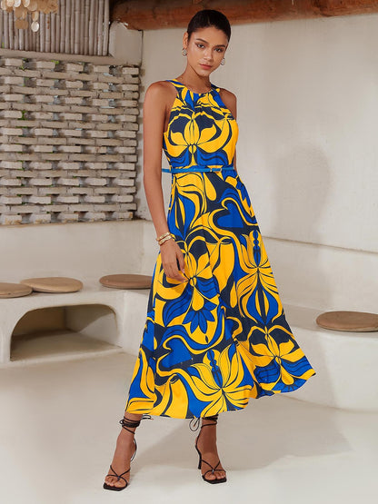 Midi Dress Midi Dress Yellow less Floral Belted Printing High Pattern Dress