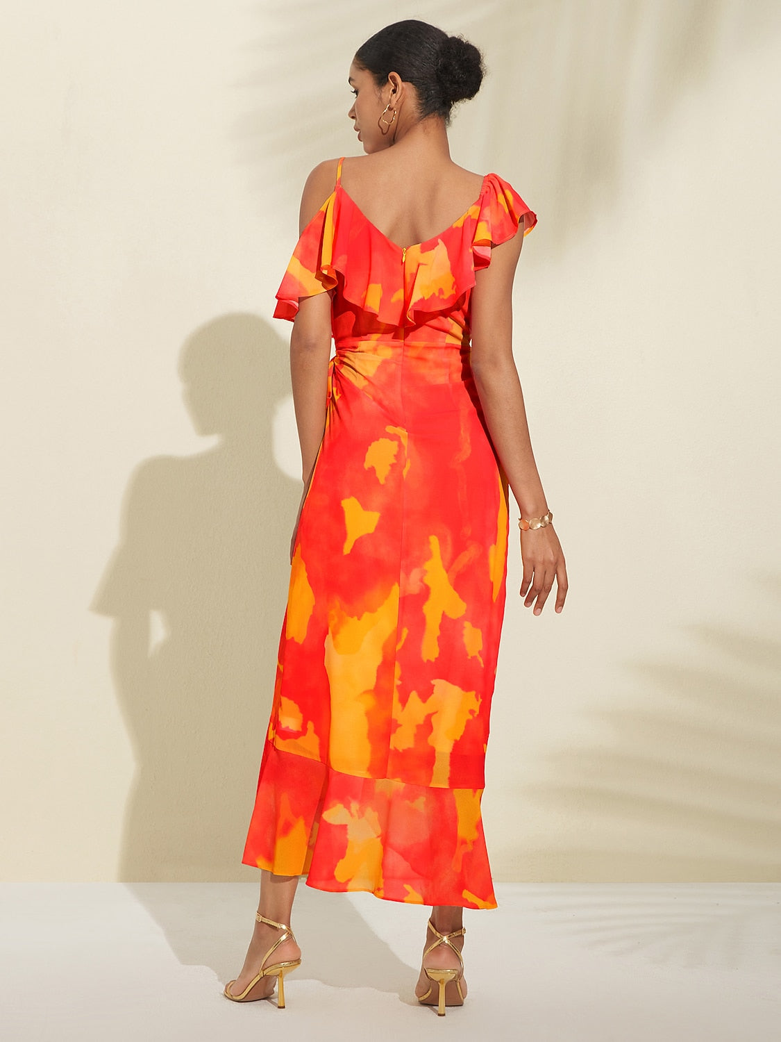 Orange Abstract Print Asymmetrical Ruffle Chiffon Dress