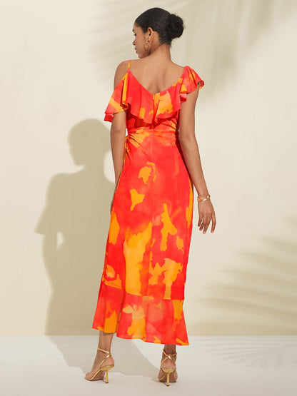 Orange Abstract Print Asymmetrical Ruffle Chiffon Dress