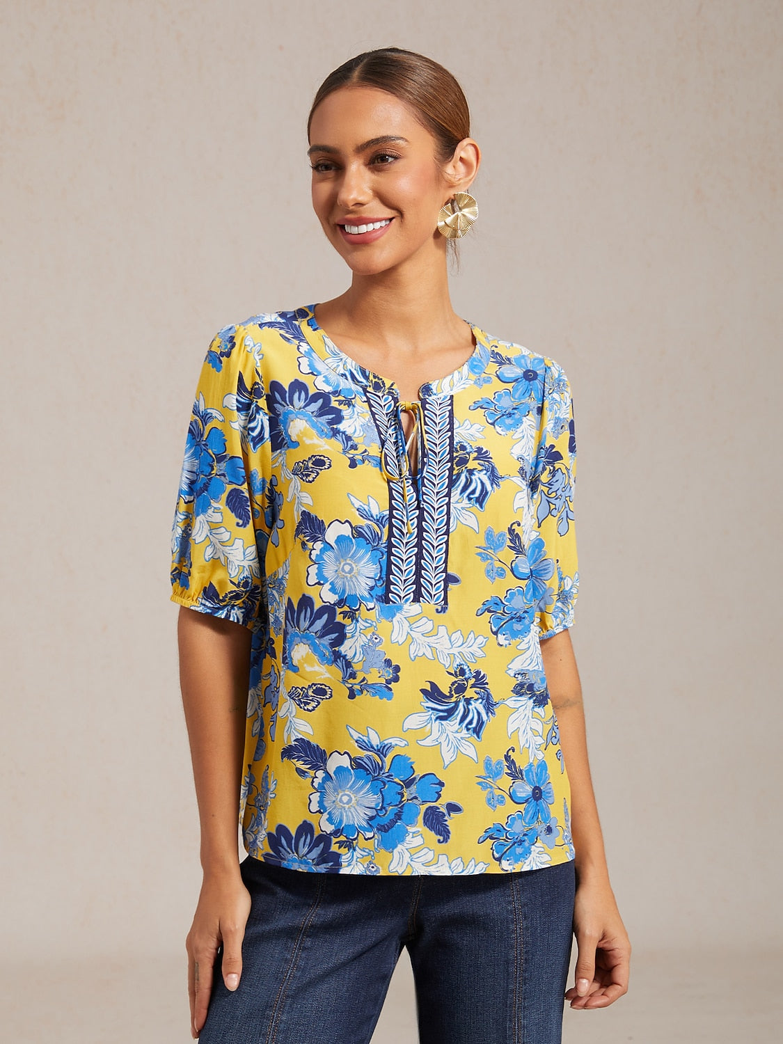 Viscose Round Neck Artistic Floral Print Vacation Top