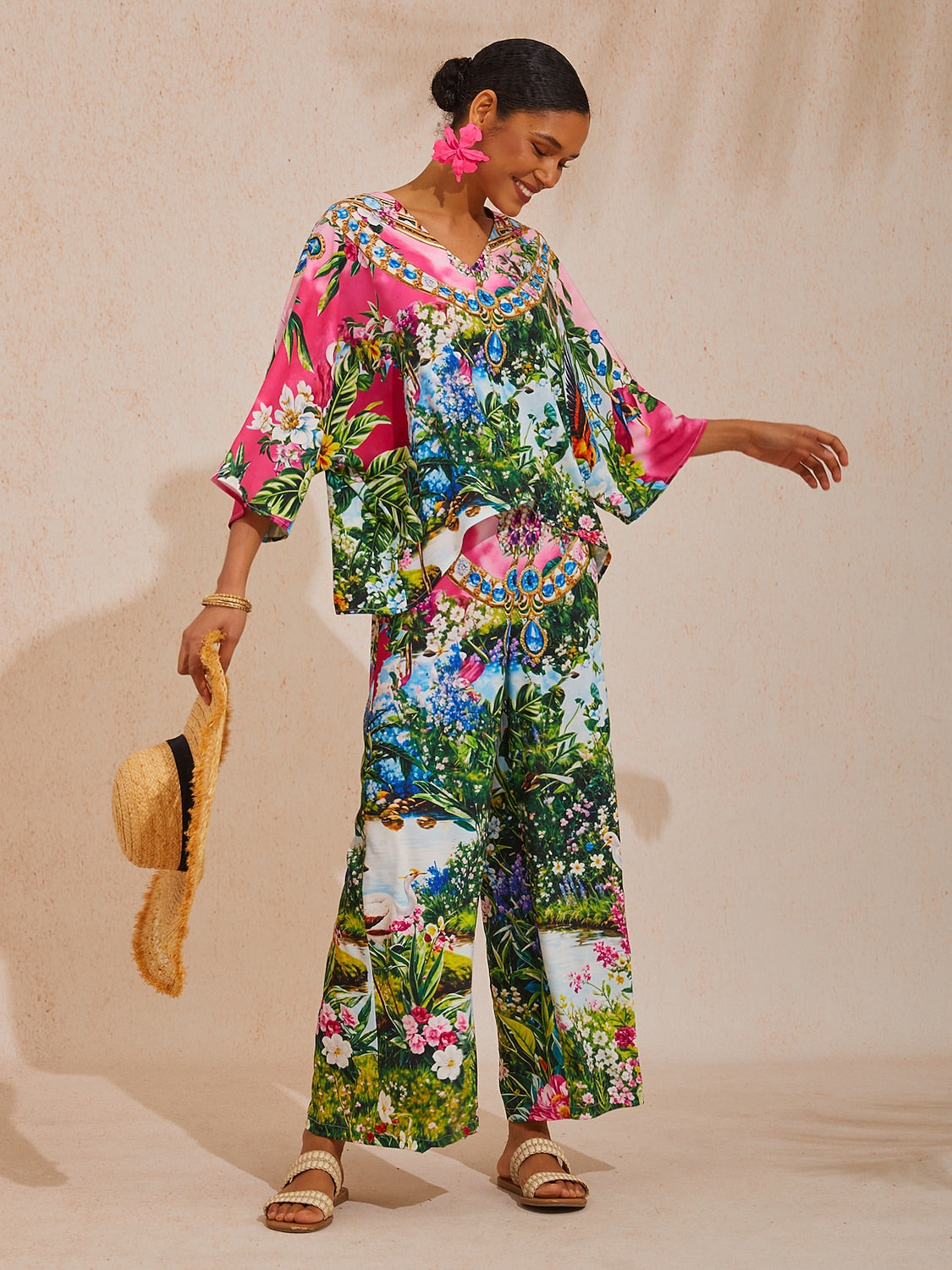 Vacation Jungle Print Straight Satin Wide Leg Pants