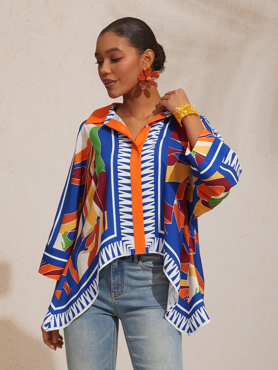 Vacation Geometric Color Block Print Batwing Sleeve Satin Short Shirt