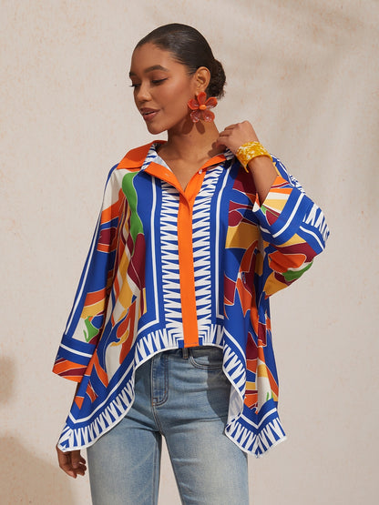Vacation Geometric Color Block Print Batwing Sleeve Satin Short Shirt