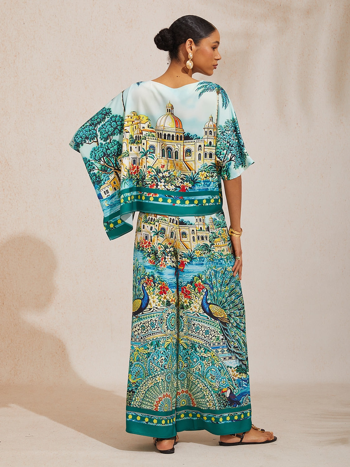 Summer Night Palm Silky Satin Dolman Sleeve Top